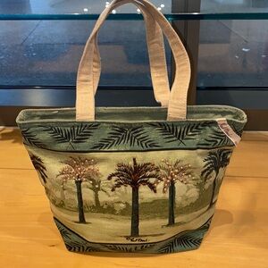Paul Brent sun and sand, bag gorgeous palm trees artfully done canvas, tote bag